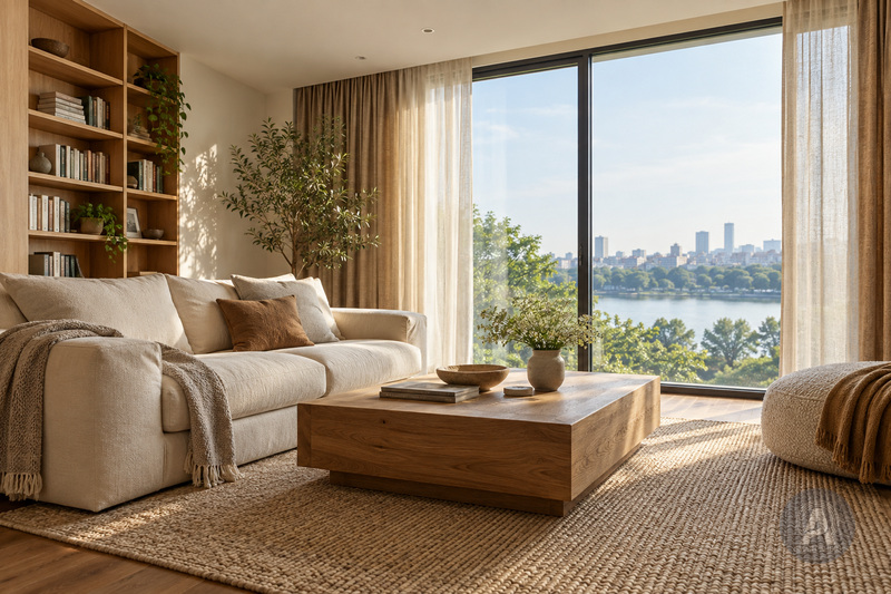 Phòng khách có rèm vải, thảm và sofa bên cạnh cửa kính lớn