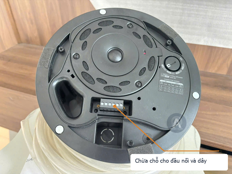 Cận cảnh mặt sau loa âm trần và vị trí đấu nối dây