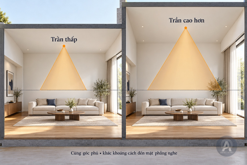 So sánh vùng phủ tại mặt phẳng nghe giữa trần thấp và trần cao hơn