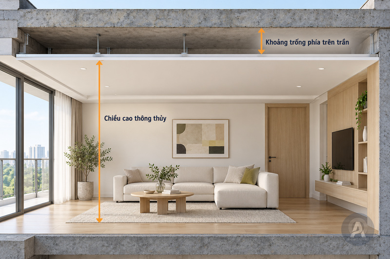 Mặt cắt căn hộ phân biệt chiều cao thông thủy và khoang phía trên trần