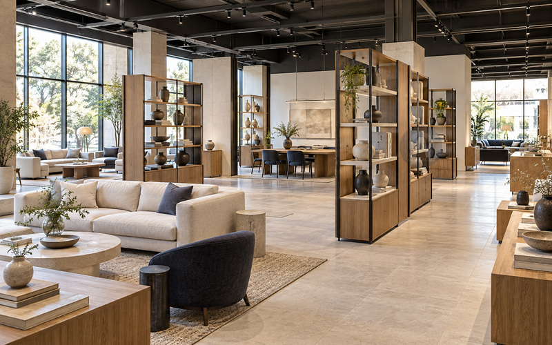 Mặt bằng showroom với kệ trưng bày và lối di chuyển