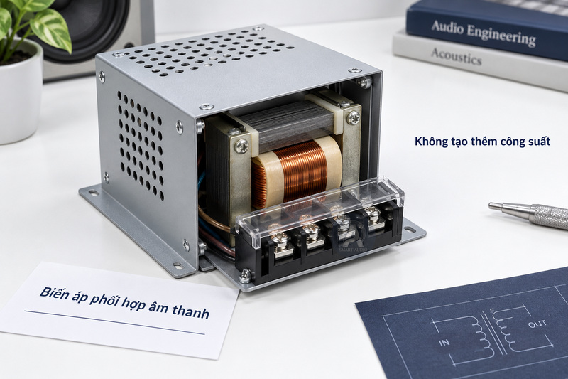 Minh họa bộ biến áp phối hợp âm thanh trong vỏ bảo vệ