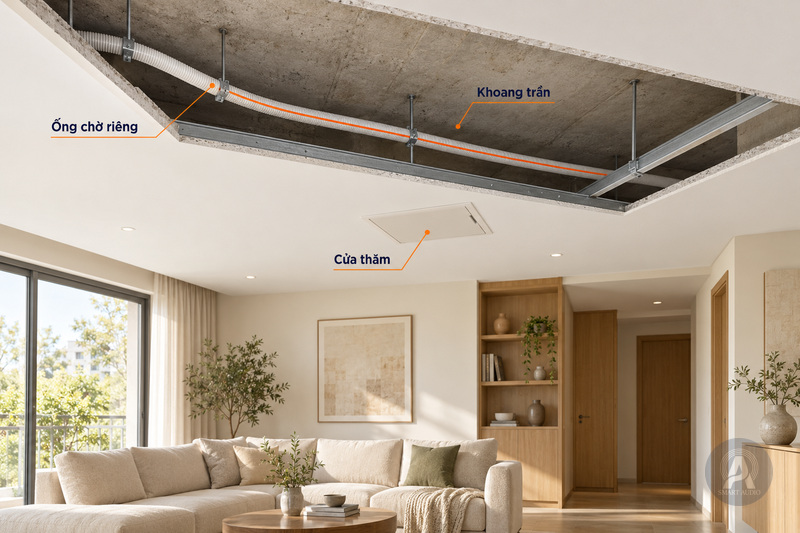 Lát cắt minh họa ống chờ riêng, khoang trần và cửa thăm để tiếp cận đường dây