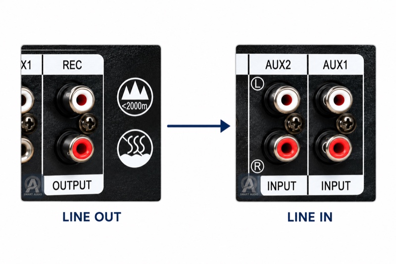 Đối chiếu cổng REC OUT và AUX IN để minh họa kết nối tín hiệu mức line