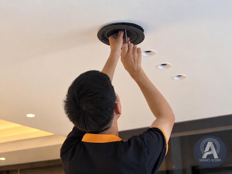 Kỹ thuật viên thao tác với cụm loa âm trần trước khi hoàn thiện lắp đặt