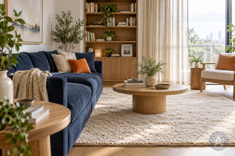 Không gian nghe nhạc có sofa vải, thảm và rèm cửa