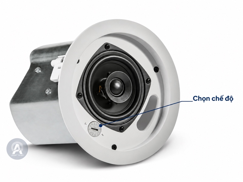 Vị trí núm chọn chế độ trên loa âm trần hỗ trợ 100V và 8 ohm