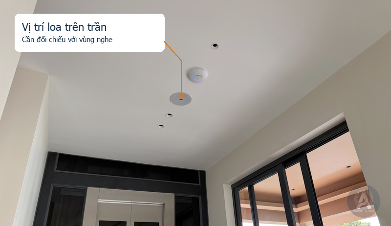 Vị trí loa âm trần trong phòng có cửa kính và hệ đèn